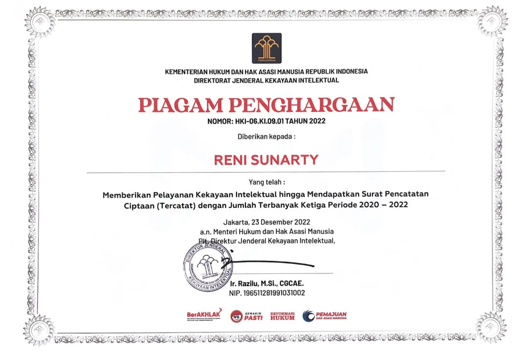 Pelayanan Kekayaan Intelektual Hingga Mendapatkan Surat Pencatatan Ciptaan Dengan Jumlah Terbanyak Ketiga Periode 2020-2022