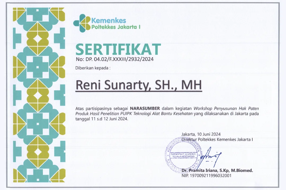 Sertifikat Kemenkes Poltekkes Ibu Reni Sunarty SH., MH