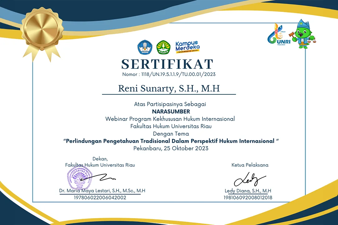 Pemateri Webinar Universitas Riau "Perlindungan Pengetahuan Tradisional Dalam Persepektif Hukum Internasional"